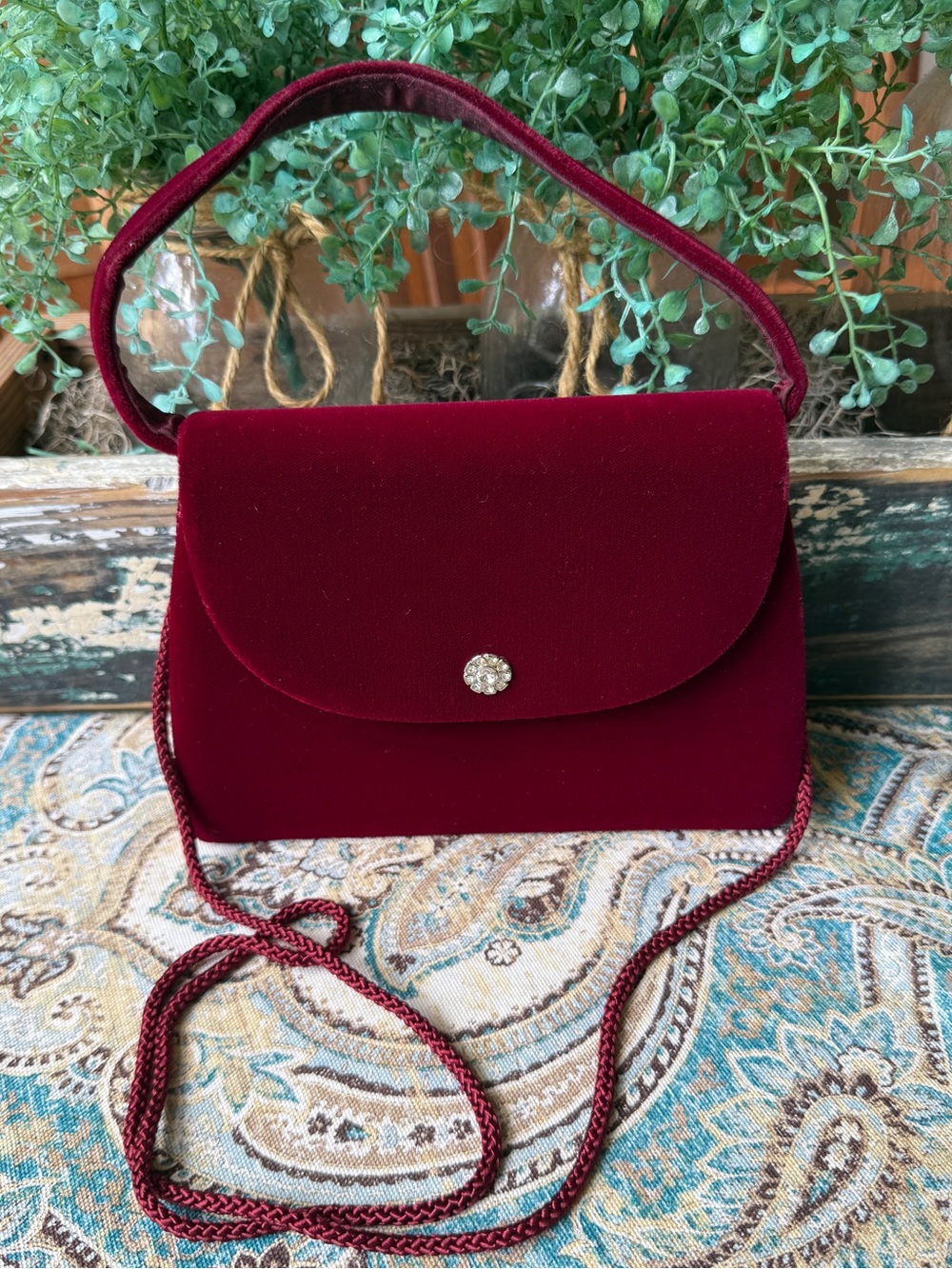 Burgundy Velvet Evening Bag Rhinestone Clasp Top Handle Shoulder Purse